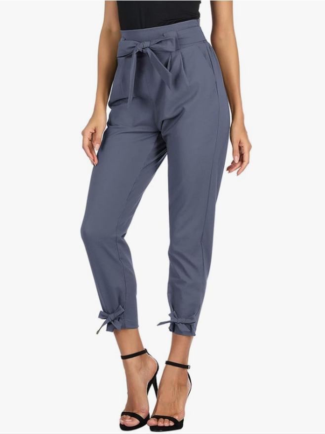 Womens Casual High Waist Pencil Pants with Pockets Bow-Knot Cropped Paper Bag Pants for Work
