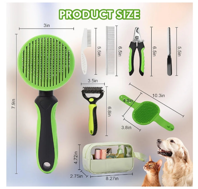Pet Grooming Brush Kit 7pcs, Cat Brush with Release Button Comb Set for Shedding -Cat Brush&Nail Clippers File Set for Cat Dogs Long matted Haired Pets and Nail Repair