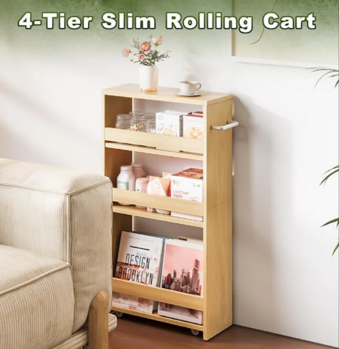 4-Tier Rolling Storage Cart, Narrow Kitchen Cart with Wheels, Slim Storage Cart with Handle Slide Out Utility Cart Mobile Shelving Unit Laundry Bathroom Organizer