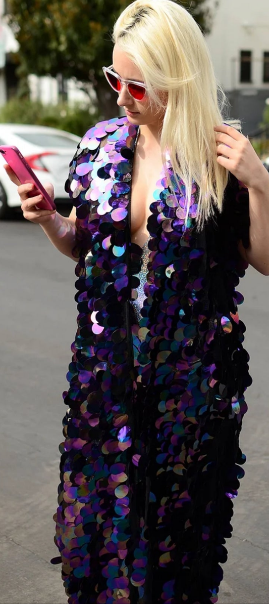 Party Disco Sequin Short Sleeve Cardigan Coat-Purple blue multicolored COCOMONEY