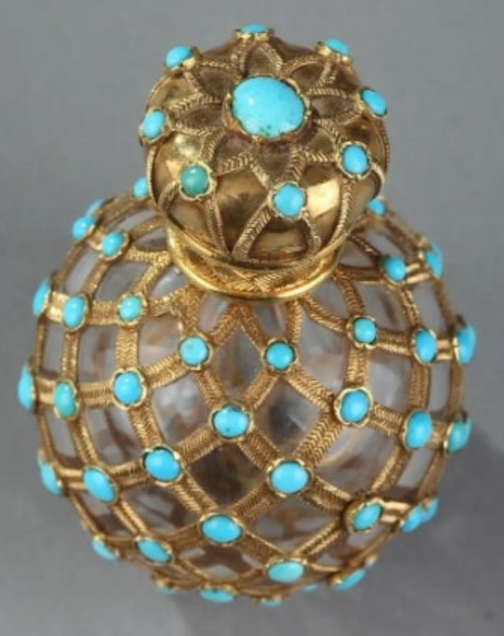 Gold, Crystal and Turquoise Perfume Flask Restauration Period 18k Gold