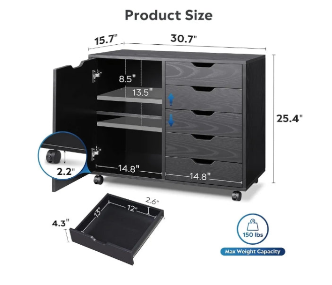 5-Drawer Mobile Storage Cabinet, Printer Stand for Home Office,