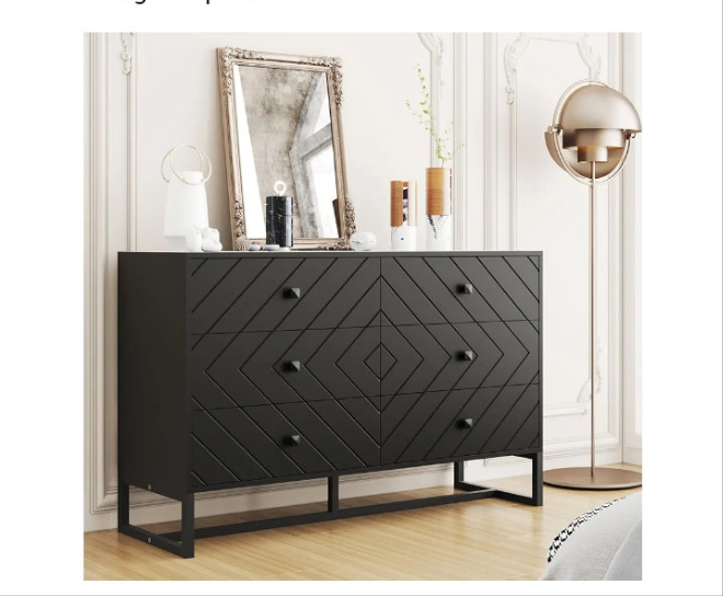 Black Dresser for Bedroom with 6 Drawers, Wood Dresser with Metal Handles, Wide Chest of Drawers, 6 Drawer Dresser for Living Room, Entryway, Hallway