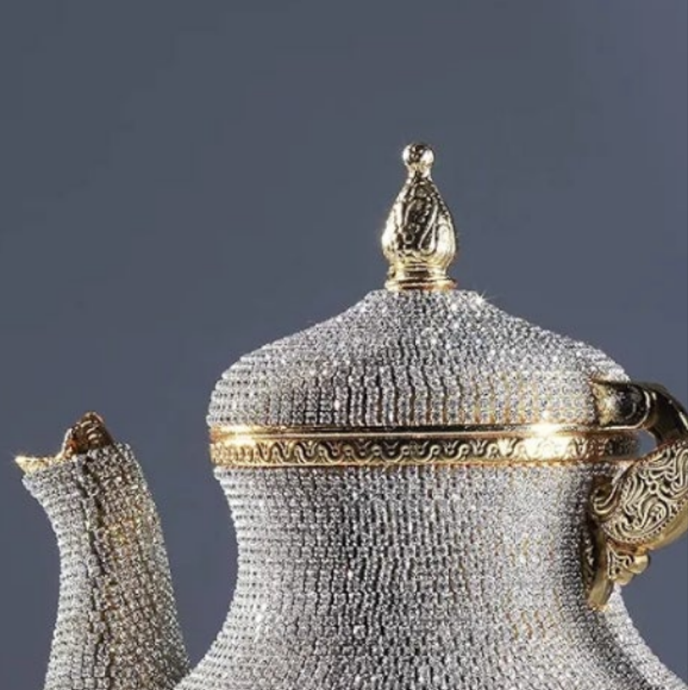 Gorgeous Handmade Gold Decorative Teapot Pitcher – Turkish Moroccan Arabic Style, Crystal Embellished, 2.6 lb, 8x7", Ornate Zamak Kettle for Home Décor & Display – Handmade in Turkey