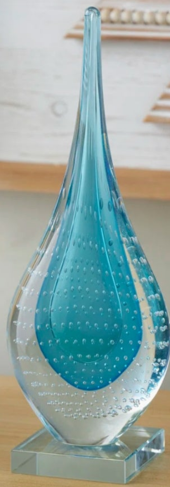 Glass Teardrop Abstract Decorative Blue Sculpture with Clear Bubble Droplets Turquoise