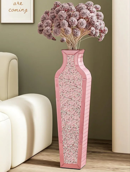 Pink Crushed Diamond Floor Vase - 26.8" Tall Mirror Glass Home Decor Vases for Living Room Bedroom, Large Decorative Vase for Dried Flower Arrangements Decor (Not for Water)