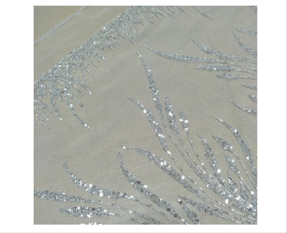 1 Yard Long 130cm Wide Bridal Lace Fabric - Silver Beading and Sequins Lace Fabric Accessories
