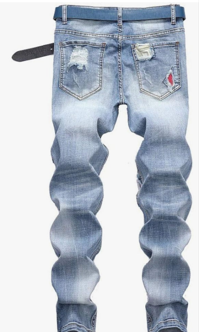 Men's Slim Fit Mid Waist Straight Leg Ripped Distressed Holes Classic Denim Patches Jeans