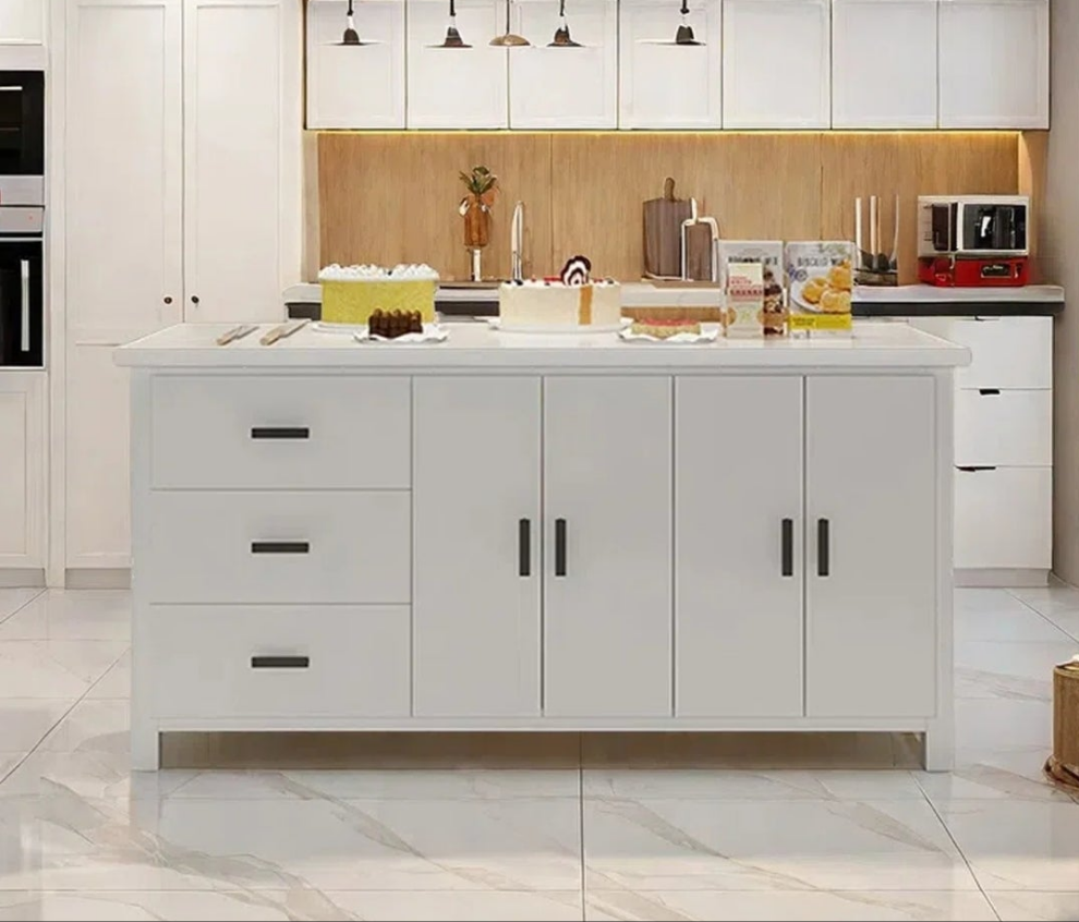 White Kitchen Island with Marble Top, Solid Wood Base, and Storage Cabinets