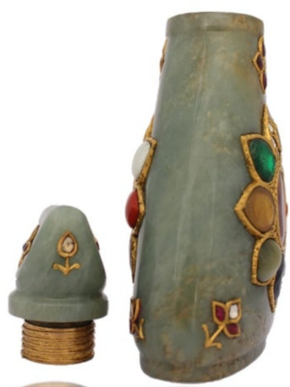 24k Gold Mughal Jadeite Jade Whiskey Flask Encrusted with Nine Gemstones Coral,Diamond,Jade,Blue Sapphire,Yellow Sapphire