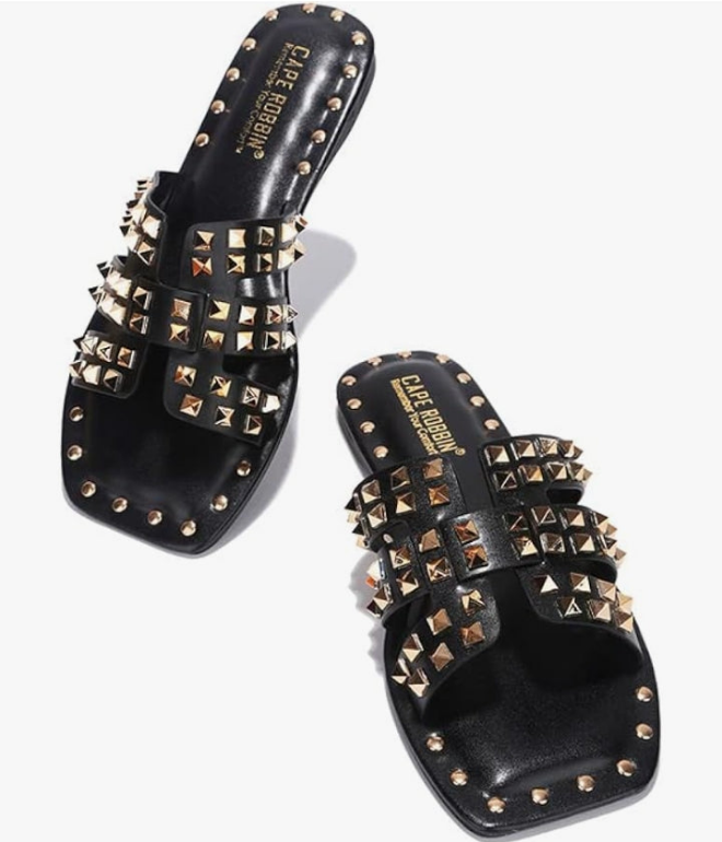Stylish Slide Sandals for Women - Womens Sandals with Gold Spikes - Studded Open-Toe Summer Slides for Women - Slip-On Women's Sandals