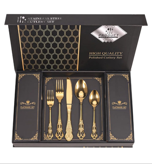 Royal Gold tone Silverware Set With Gift Box For 8 Cutlery Set Utensils Stainless Steel Flatware 40 Pieces MIKIWAY Kitchen Tableware Set For Gifts Festive, Dishwasher Safe, Mirror Polishing