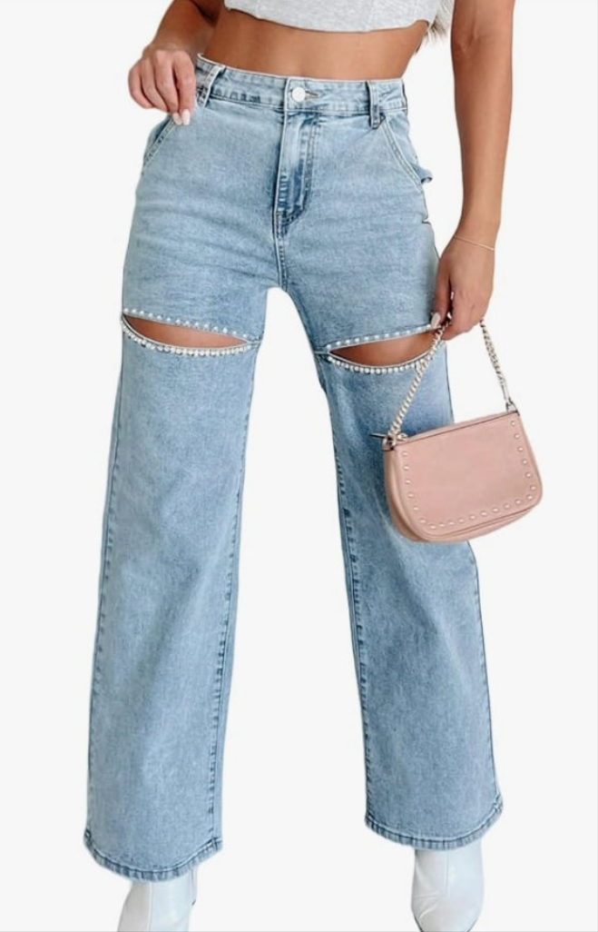 High Waist Denim Jeans Rhinestone Trim Bling Jeans Plus Size Denim Pants