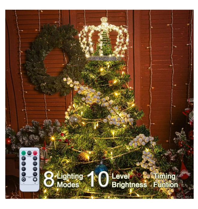 Jeweled Crown with 60 Warm White LED USB Lighted Tree Topper, Xmas Tree Decor with Remote Control 8 Lighting Mode, Timer,(Silver)