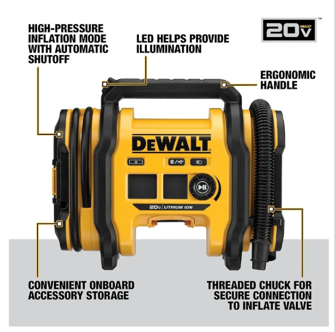 DEWALT 20V MAX Tire Inflator, Compact and Portable, Automatic Shut Off, LED Light, Bare Tool Only (