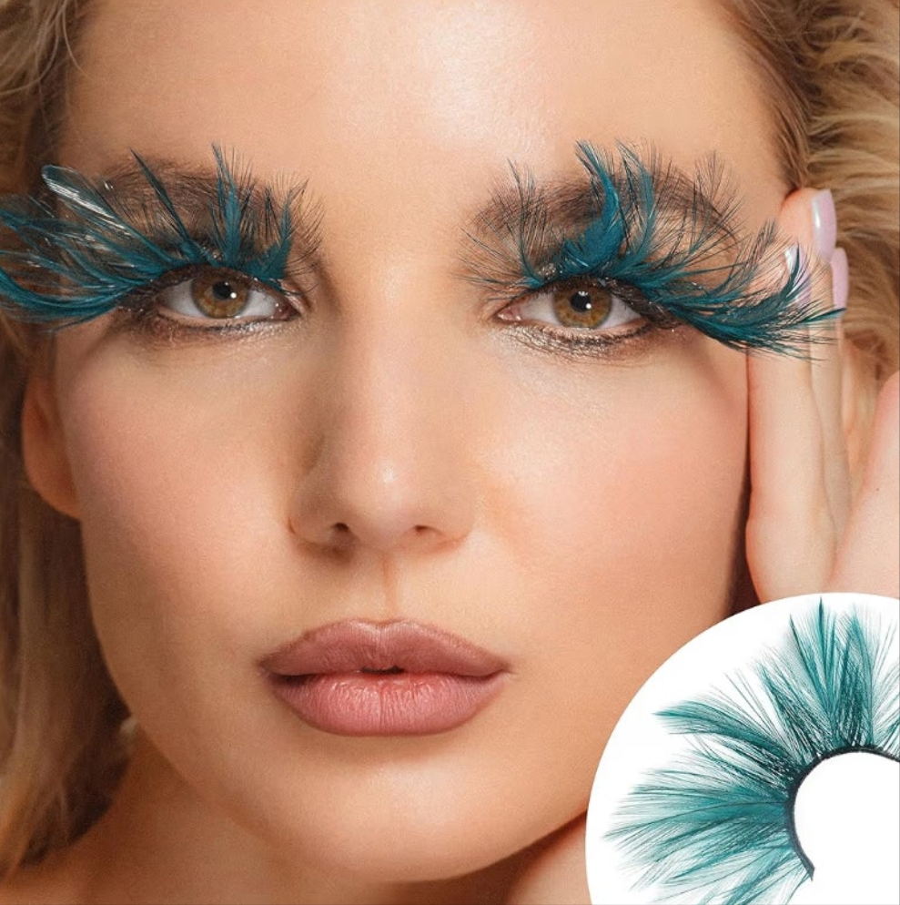 Double Lip Black with Green Big Extra Long Feather eyelashes Extra extension Halloween Green Feather Tip False Eyelashes Dance