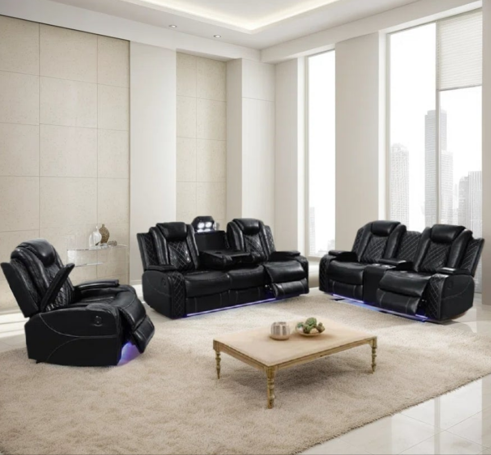3 Piece Power Reclining Faux Leather with LED Light Living Room Set Movie room Living Room Ding Room Game Room