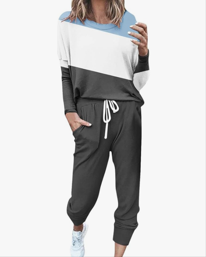 Two Piece Fall Outfits for Women 2024 Long Sleeve Striped/Color Block Tops and Pants Lounge Sets Tracksuit with Pocket