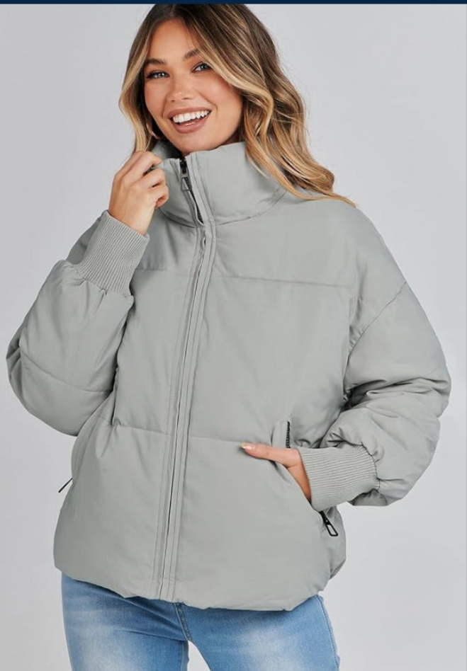 Long Sleeve Zip Puffer Jacket Pockets Baggy Short Coats