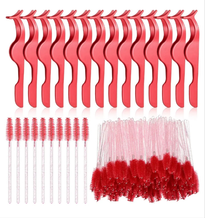 24 Pieces Plastic Eyelash Extension Tweezers False Eyelash Applicator Tool Eyelash Auxiliary Clip and 100 Pieces Eyelash Brush Mascara Wands Applicator for Eyelash Application (Pink)