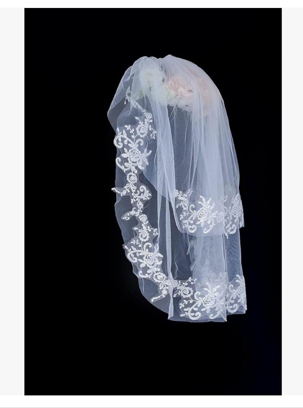 2 Tiers Bride Wedding Veil White Veil Bridal Bridal Tulle Wedding Veil with Flower Lace Edge and Comb (A-white)
