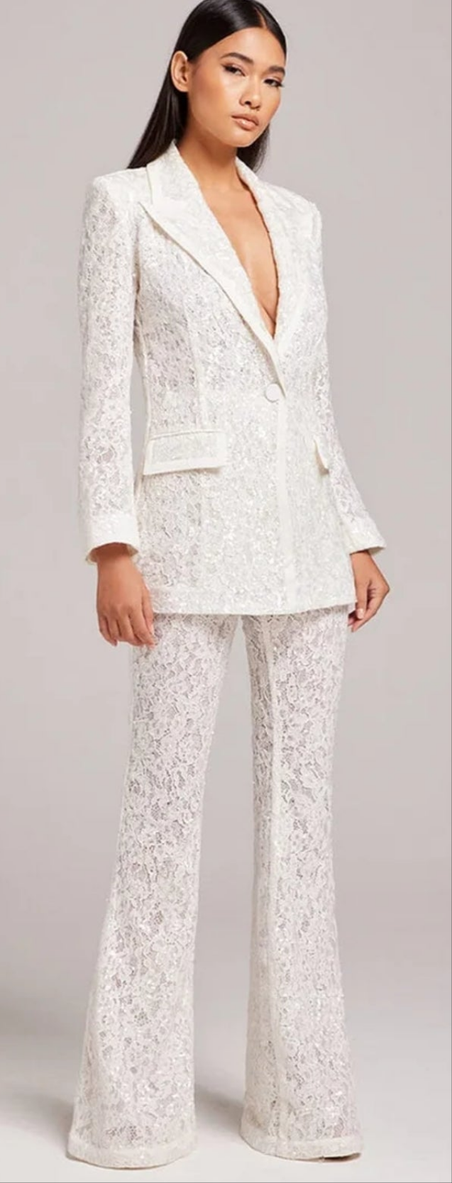 Lace Embroidered Hollow Out Sequin Two Piece Pant Set-White COCOMONEY