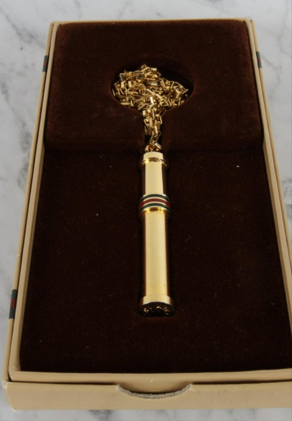 1980s Vintage GUCCI Gold Plated Necklace Perfume Bottle Stick Pendant NOS in Box