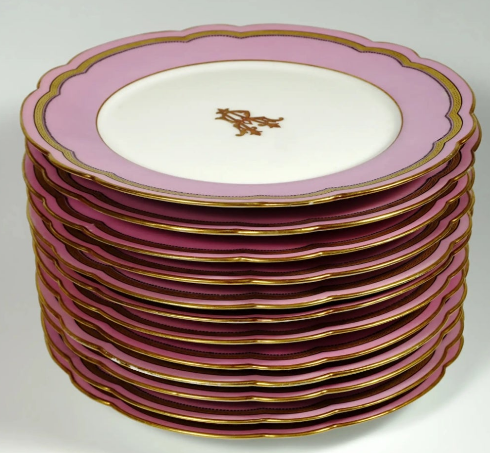 Antique French Old Paris Porcelain Pompadour Pink 15pc Dessert Service Hand Painted Gold Monogram
