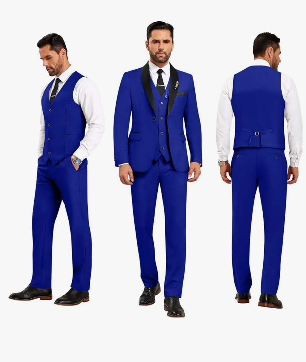 Men's 3 Piece Slim Fit Suit One Button Shawl Lapel Jacket Vest Pants Tuxedo Set with Bow Tie Pocket Square