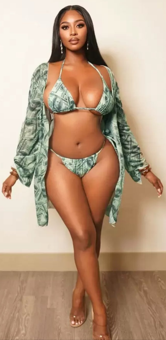 3pcs Set New Tight Fit Cocomoney Multi-Color Camouflage Retro Vintage Coin Pattern Long Sleeve Jacket & Bikini Swimwear For Women Sexy as Seen on the Cocomoney show