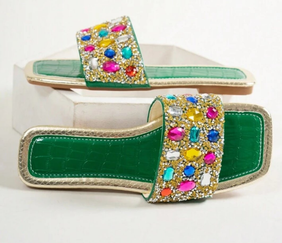Rhinestone Decorated Flat Sandals, Comfortable Casual Open Toe Slippers Suitable For Outdoor, Beach, Party In Summer
