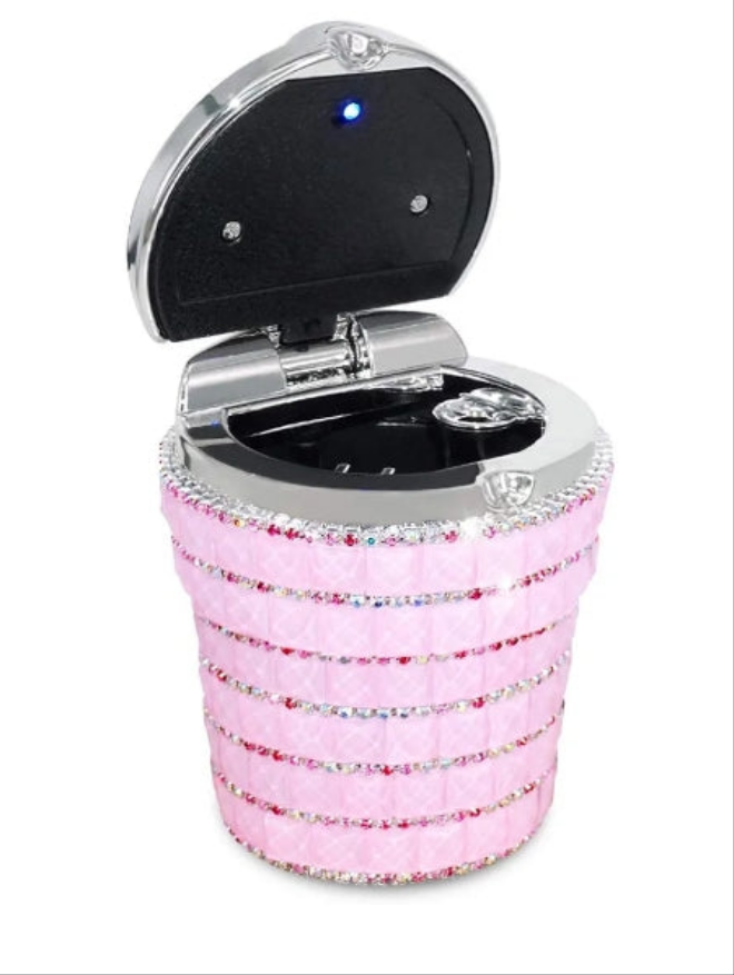 Car Ashtray with Bling Bling Diamond Auto Cigarette Odor Smoke Remover Cylinder Cup Holder With LED Lamp,
