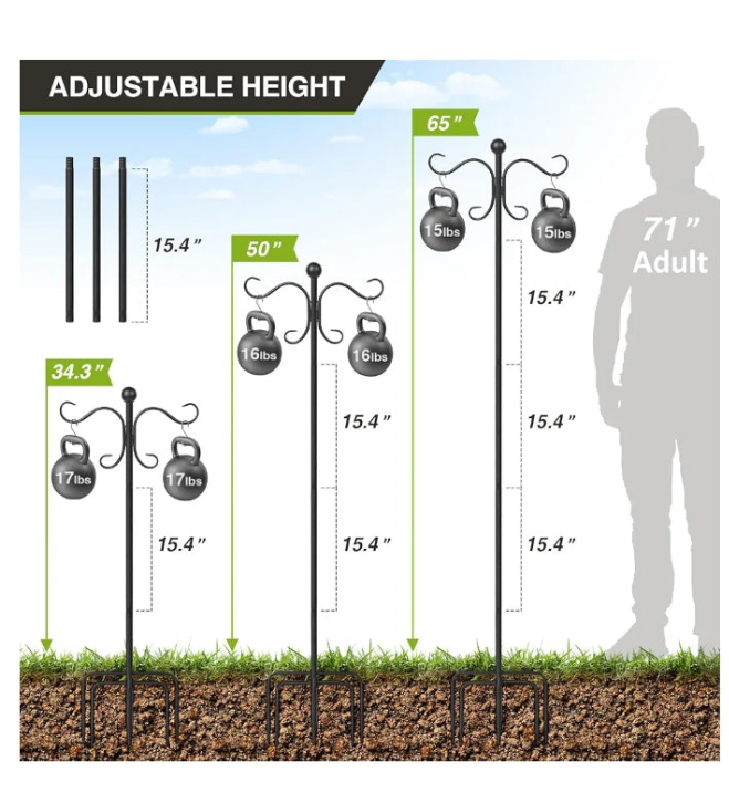 76 Inch Adjustable Double Shepherds Hooks for Outdoor Heavy Duty, Two Sided Garden Bird Feeder Pole for Hanging Plant Baskets, Solar Lights, Weddings Decor