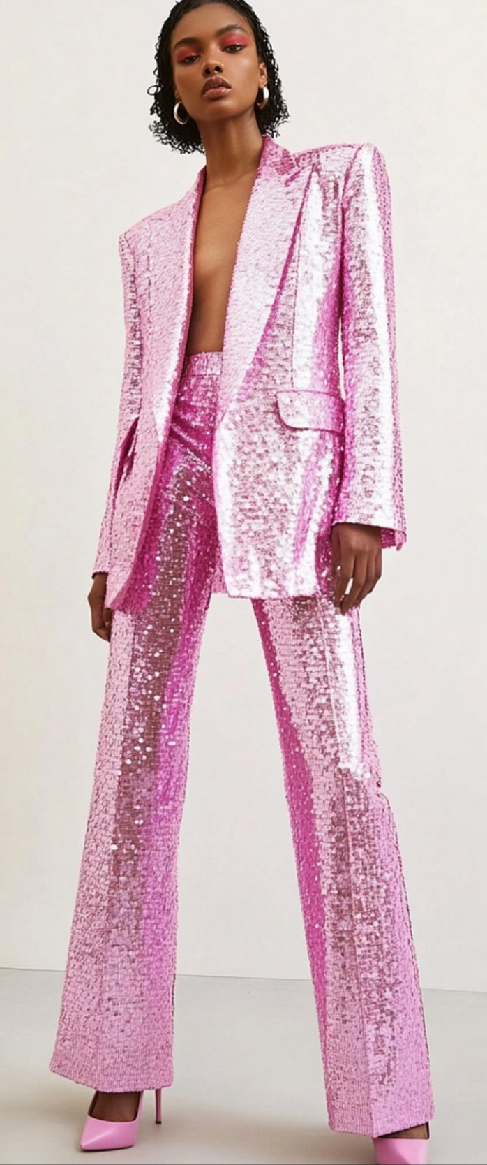 COCOMONEY Sequin Peaked Lapel Blazer Two Piece Pant Suit-Pink