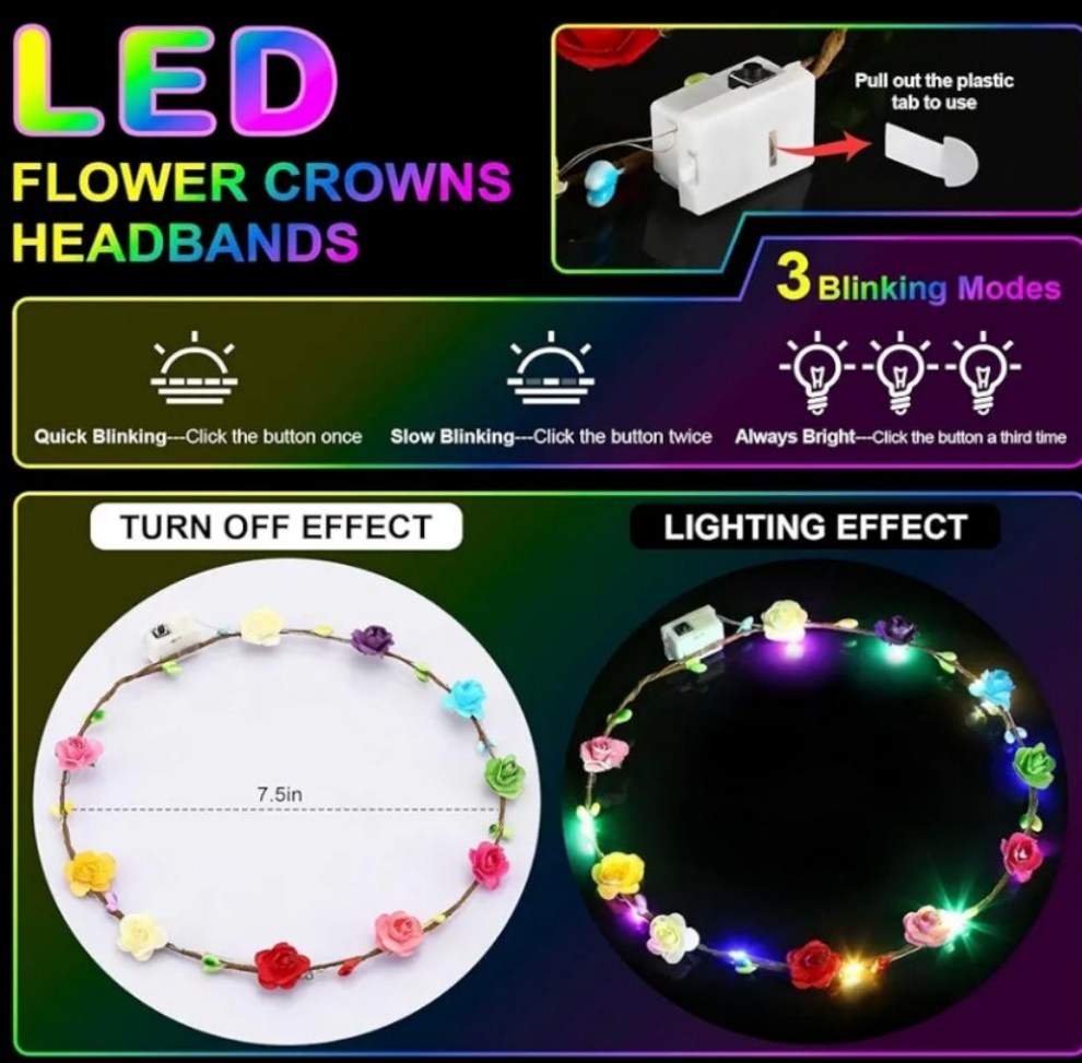 LED Flower Crowns Headbands, Light Up Flower Crowns For Women, Glow in the Dark Headband for Wedding Reception Birthday Christmas Mardi Gras Cosplay Princess Party Favors