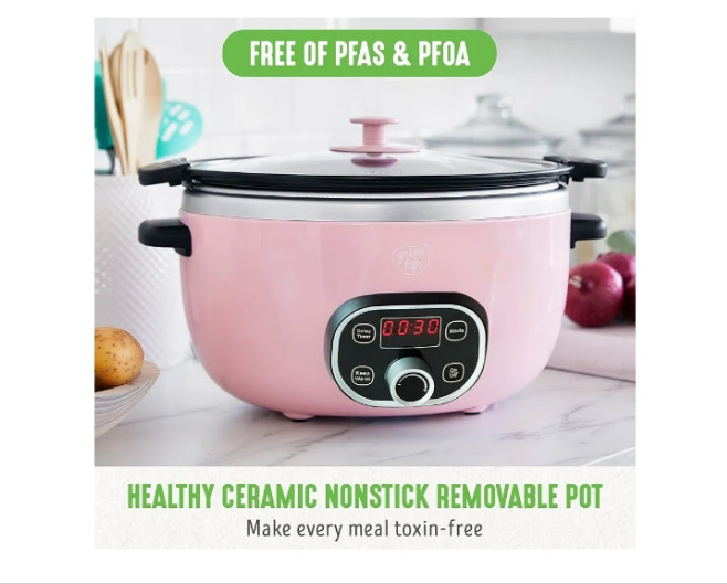 6QT Slow Cooker, Non-Toxic Ceramic Nonstick Removable Interior Bowl, Programmable, Family Friendly, Keep Warm, Stovetop & Oven Safe, Dishwasher Safe Parts, Timer, Glass Lid,