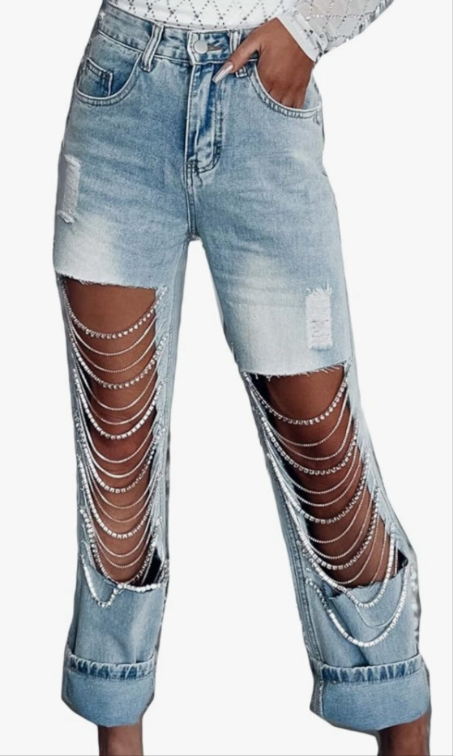 Sexy Ripped Distressed Destroyed Rhinestones Chain Party Clubwear Denim Pants Jeans