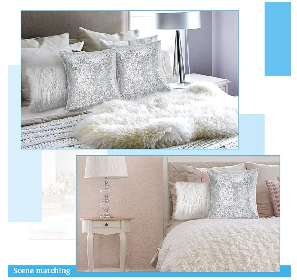 4 Pcs Sequin and Fluffy Pillow Covers Winter Faux Fur Throw Pillow Cases Glitter Bling Soft Fuzzy Cushion Cover for Couch Bed Sofa Xmas Day(18 x 18 Inch, 12 x 20 Inch,Silver