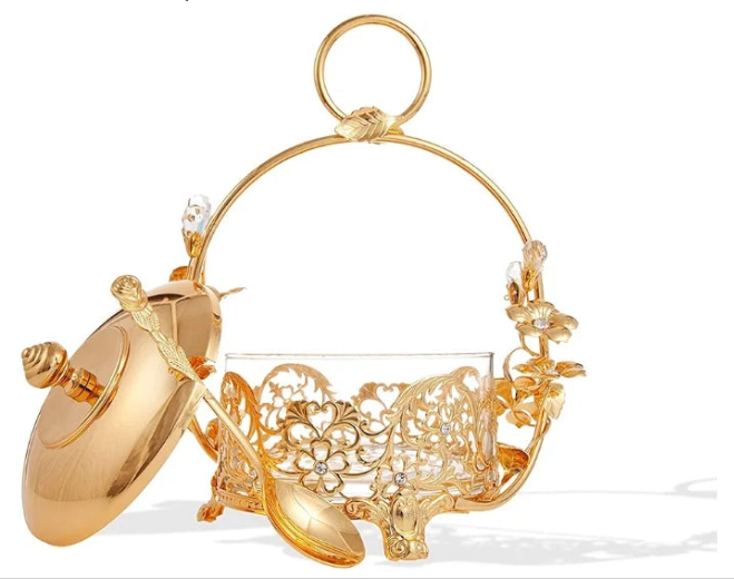 24K Gold Plated Crystal Studded Honey Candy Dish with Rose Accents Great Gifts for Christmas Anniversary Housewarming Present New Year Home Kitchen Dining Decor Tabletop