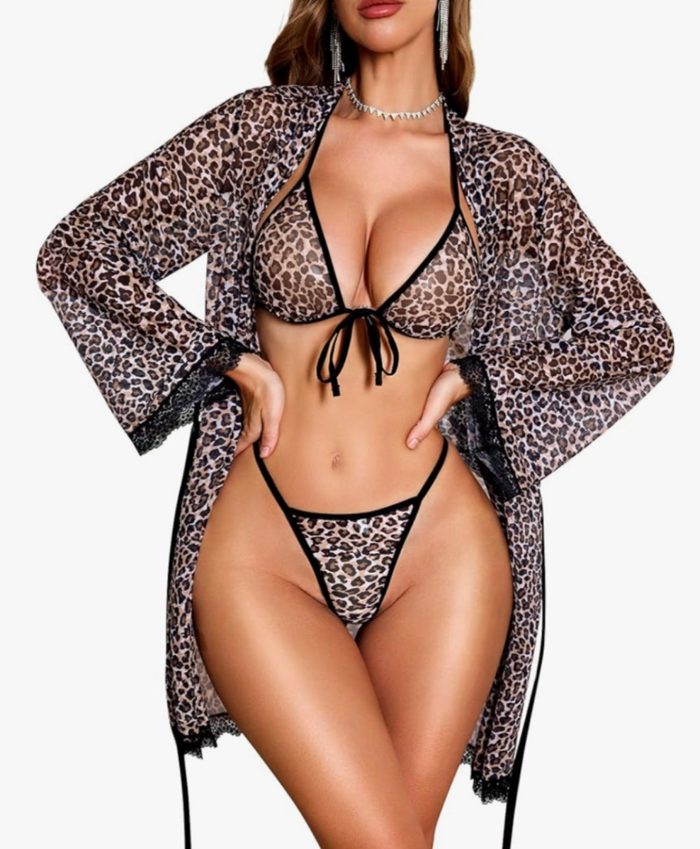 Sexy Lingerie Set - 3 Piece Bra and Panty Sets with Lace Robe Sheer Sleepwear & Mesh Nightgown Cocomoney