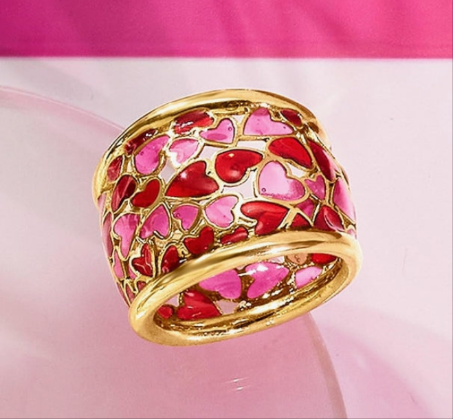 Italian Red and Pink Enamel Heart Ring in 18kt Gold Over Sterling. Size 7