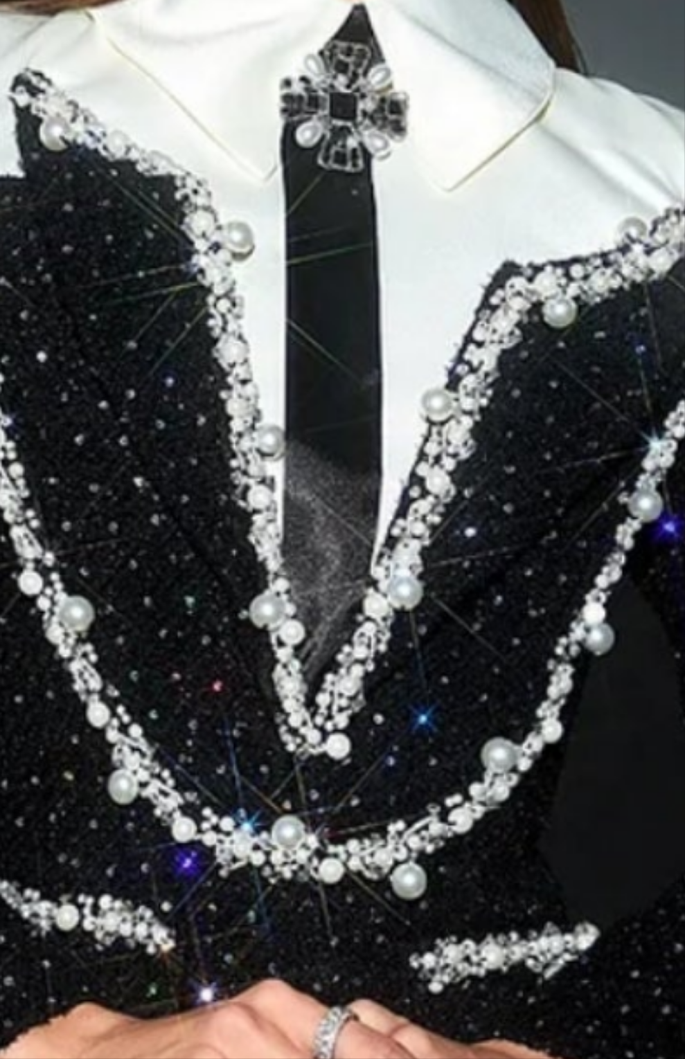 COCOMONEY Shirt Collar Sequin Pearl Decor Mini Dress-Black