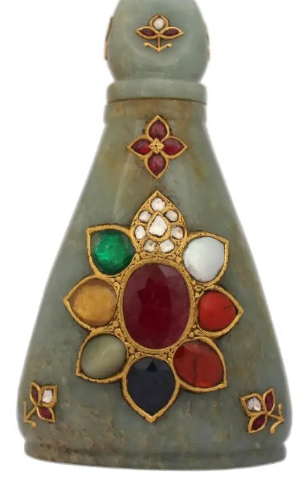 24k Gold Mughal Jadeite Jade Whiskey Flask Encrusted with Nine Gemstones Coral,Diamond,Jade,Blue Sapphire,Yellow Sapphire