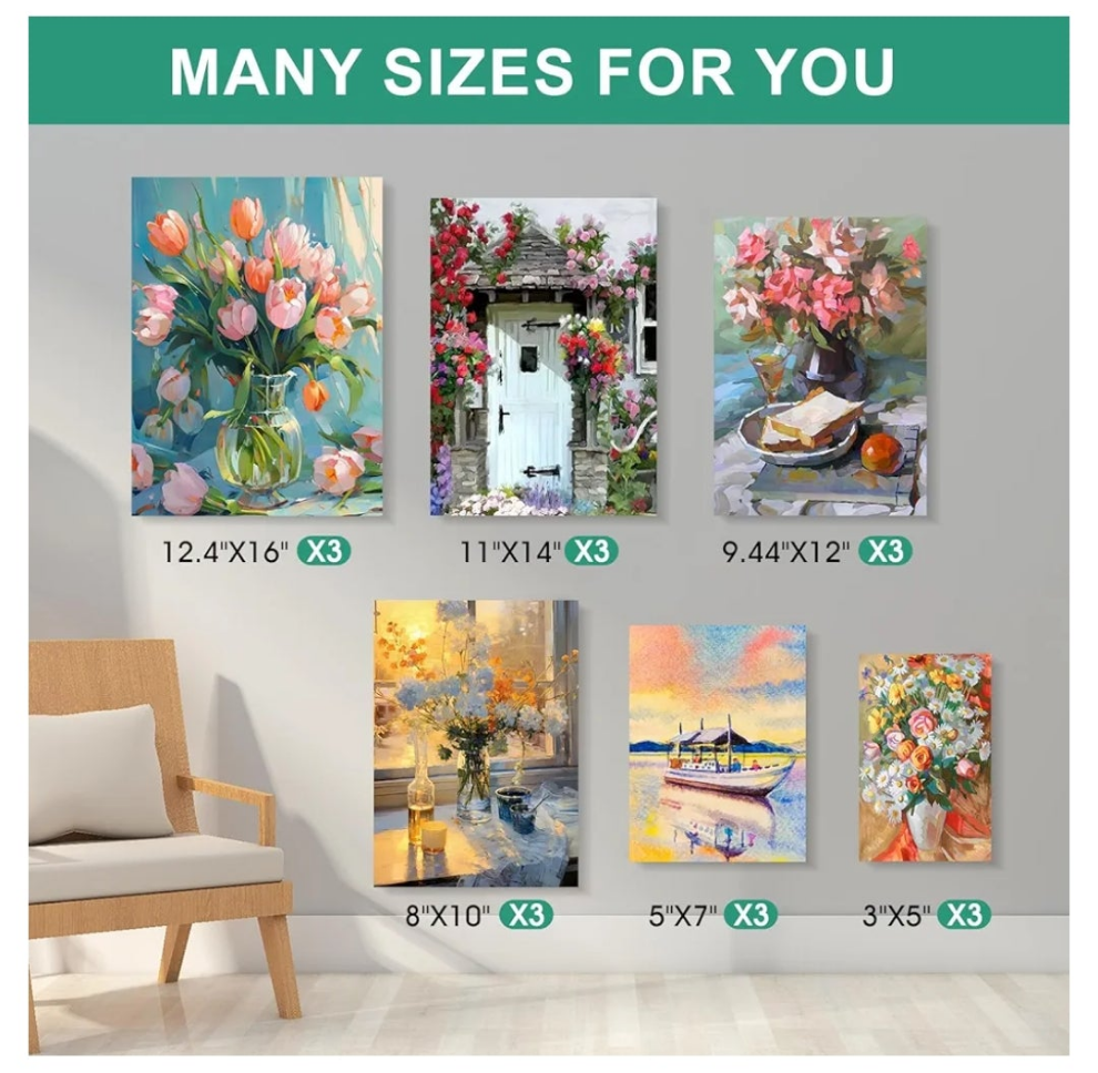 Stretched Canvas for Painting,18 Multi Pack Blank Canvases for Painting 12x16, 11x14, 9x12, 8x10, 5x7, 3x5, Cotton Primed Painting Canvas for Oil, Acrylic Paint, for Beginners, Artists.