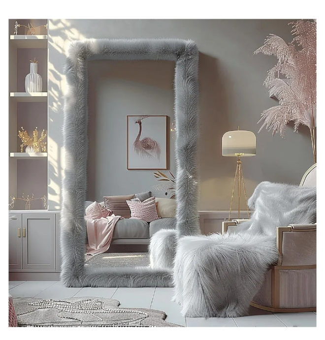 Full Length Mirror 63"x24" Free Standing Furry Floor Mirror Chic Pink Faux Fur Framed Wall Mounted Full Body Mirror Leaning Hanging Wall Mirror for Bedroom Entrance