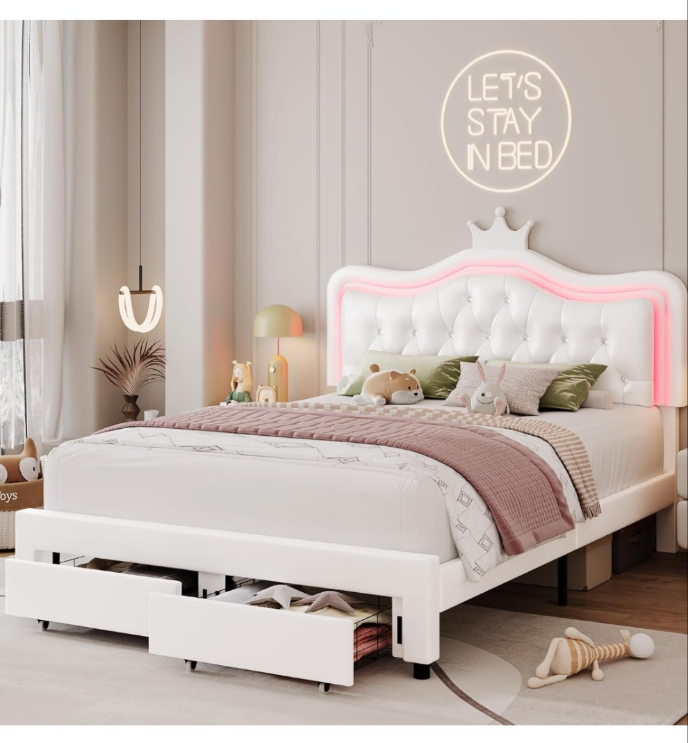 Upholstered LED Bed Frame with Storage Drawer, Leather Princess Platform Bed with Adjustable Crystal Button Tufted Crown Headboard, Solid Wooden Slats Support, No Box Spring Needed,