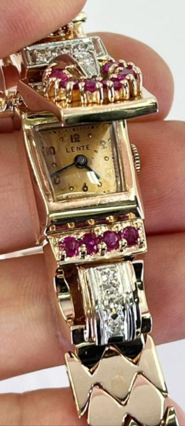 Stunning Retro Rose Gold, Diamond, and Ruby Manual Watch 0.18k