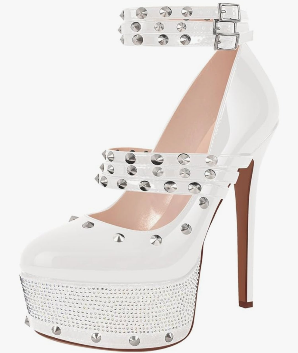 Close Toe Stiletto Platform Mary Jane Pumps for Women Triple Buckle up Rivet Studded Strappy Party Shoes
