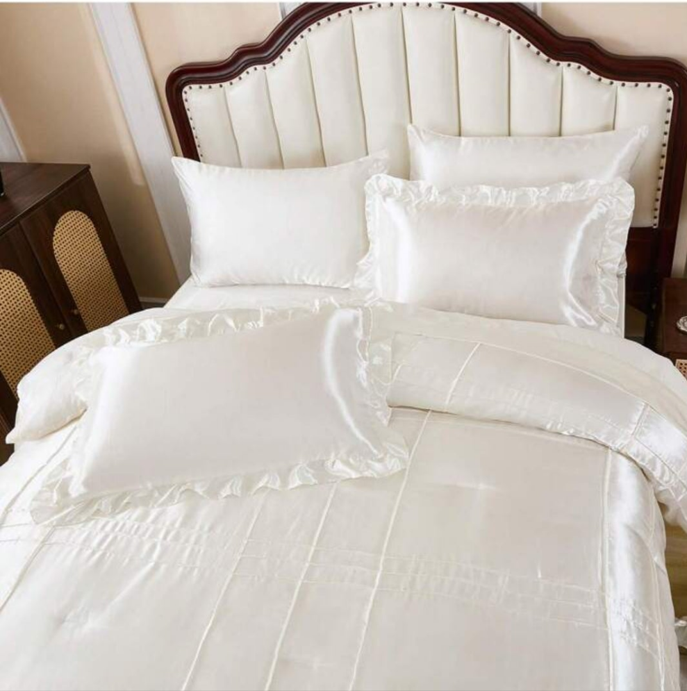 Satin Silky Comforter Set,Queen Size 8 Pcs Grid Pleated Silk Like Bed In A Bag Bedding, Down Alternative Bedding Sets For All Season,Luxury Silky Bedding With Sheets And Cushion Cover