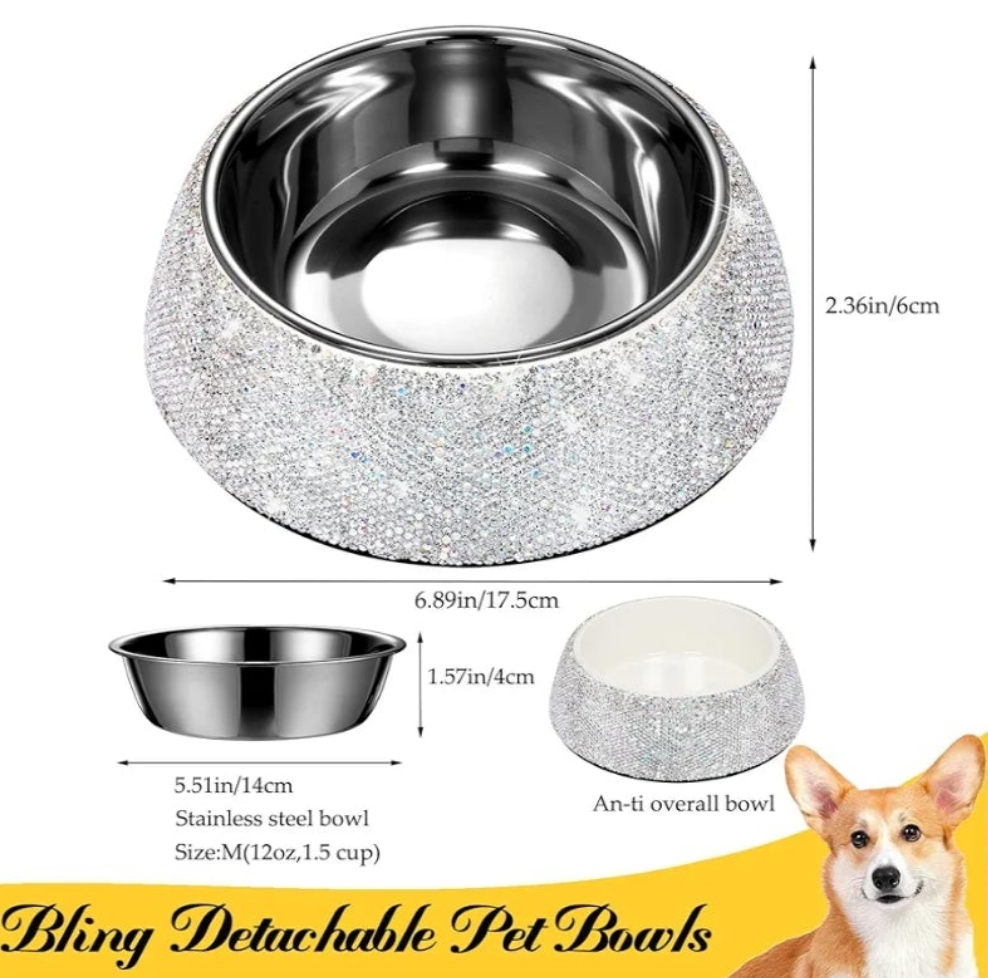 Rhinestone Pet Bowls, Bling Dog Cat Bowl Stainless Steel for Pets Food Water Dishes-2 Pack or single bowl